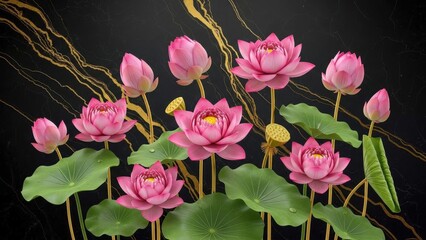 A stunning arrangement of vibrant pink lotus flowers with lush green leaves against a black marble and gold vein background