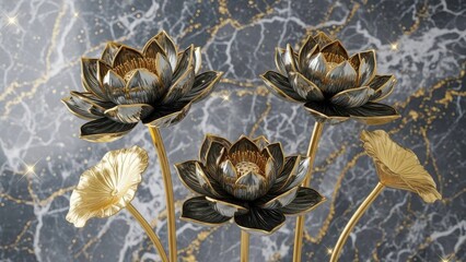 A striking composition featuring dark lotus flowers with golden accents against a luxurious marble background creating a sense of elegance