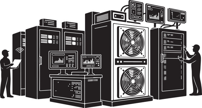 Two technicians working on large computer server equipment in a data center - Powered by Adobe