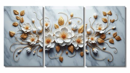 A stunning triptych wall art piece showcases delicate white blossoms and golden leaves against a luxurious marble background creating an elegant display