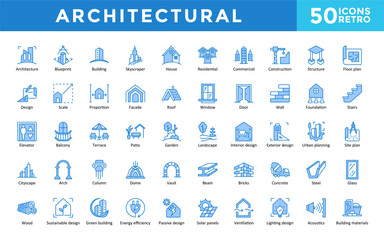 Naklejka premium Architectural icons set with architecture, blueprint, building, energy efficiency, solar panels, ventilation, lighting design icon. Simple retro vector 
