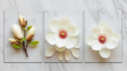 A triptych displays magnolia blossoms in various stages from budding branch to full bloom and scattered petals on a marble background