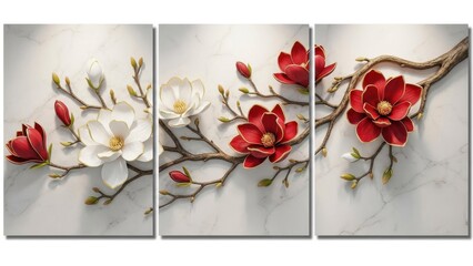 A stunning triptych wall art piece displays blossoming magnolia branches with vibrant red and delicate white flowers against a marble backdrop