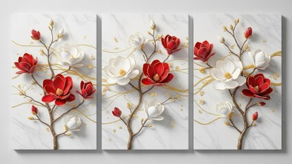 A stunning triptych wall art piece displays a delicate arrangement of red and white magnolia blossoms with golden accents on a marble background