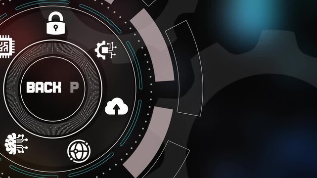 Cloud backup interface with encrypted storage icons, secure workflow layers, and automated data-protection animation.