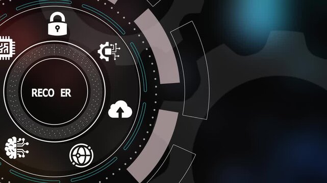 Digital recovery interface with secure cloud icons, automated restoration graphics, and protected system workflow animation.