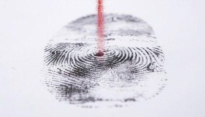 Fingerprint analysis with red laser beam on white background.