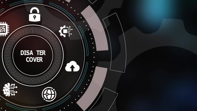 Disaster-recovery cloud interface with secure backup icons, restoration workflow graphics, and resilient digital-system animation.