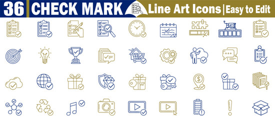 Thirty six check mark line art icons easy to edit task completion confirmation symbols Vector Illustration.
