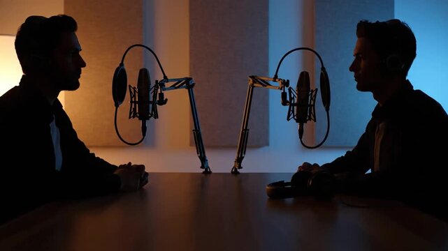cinematic podcast studio interior minimalist setup two human silhouettes no identity sitting across wooden desk condenser microphones on boom arms headphones resting on desk warm and cool lighting aco