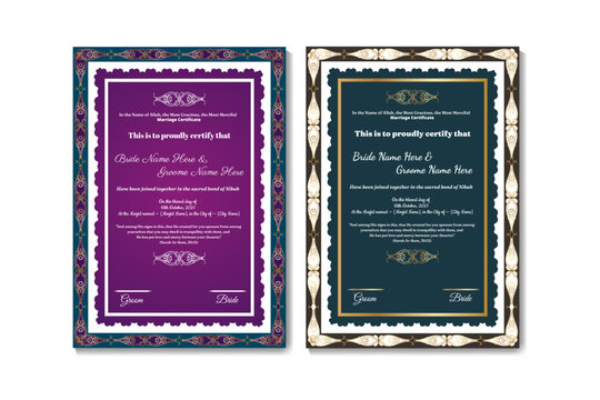 Royal Muslim Nikah Certificate Templates  Purple and Navy Blue Designs  