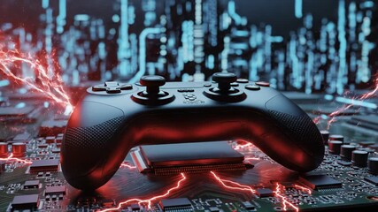 A gaming controller on a circuit board with red lightning bolts and sparks flying around it