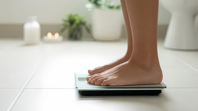 Close-up of feet standing on a digital bathroom scale in a bright clean space symbolizing weight loss progress healthy lifestyle body transformation fitness motivation and personal health monitoring
