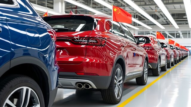 Row of new cars in a factory with chinese flags waving overhead on a sunny day with red color