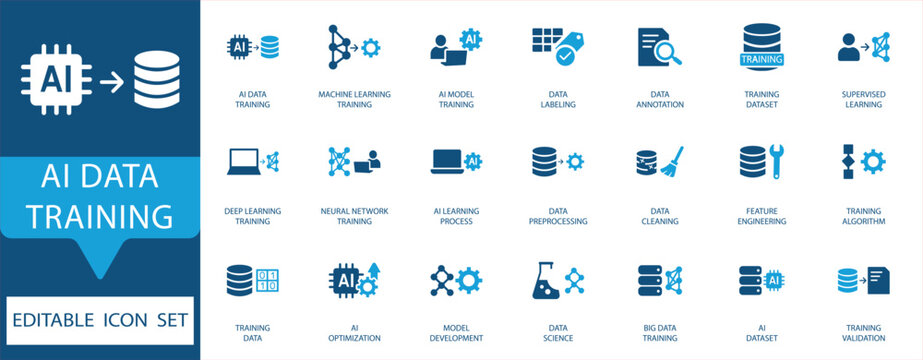AI Data Training icon set. Blue linear symbols for neural networks, deep learning, big data processing, and algorithm development. Editable vector icons. 