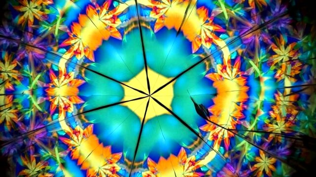 Colorful kaleidoscope pattern with vibrant flowers and shapes