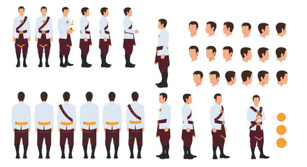 Fototapeta premium Detailed character design sheet showing a man in traditional Thai clothing from various angles and poses for animation or reference.