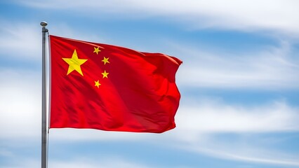 Naklejka premium The flag of china waving in the wind on a pole against a blue sky with white clouds on a sunny day outside