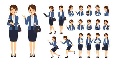 Extensive set of business woman character poses showing a professional in various actions like walking, talking, and carrying a bag.