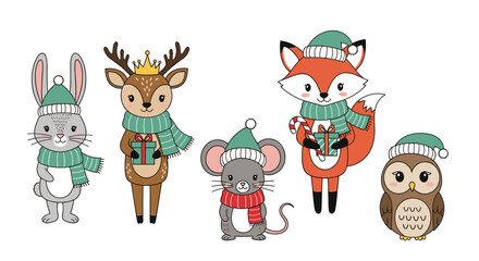 Fototapeta premium Set of five cute winter animals including a rabbit, deer, mouse, fox, and owl wearing green hats and scarves while holding Christmas gifts.