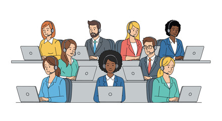Group of diverse customer service representatives wearing headsets while working on laptops in a modern call center office environment.