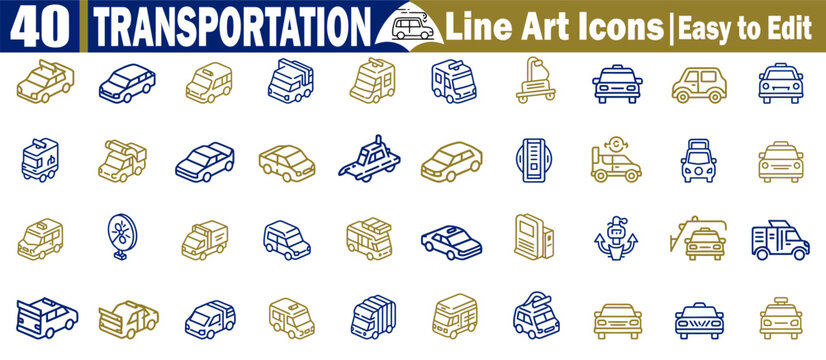 Collection of forty transportation line art icons showing cars trucks and service vehicles Vector Illustration.