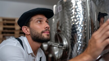 Monitoring Fermentation: Brewmaster Inspecting Tanks with Digital Readouts in Craft Brewery under Warm Studio Lighting, Dreamy Focus on White Background