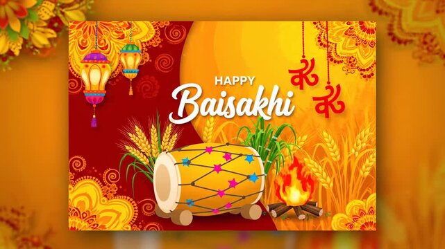 Happy Baisakhi Vaisakhi Festival Celebration Banner Dhol Wheat Bonfire