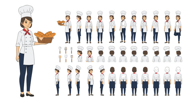Comprehensive female chef character sheet with multiple poses and expressions while holding a basket of fresh bread and kitchen tools.