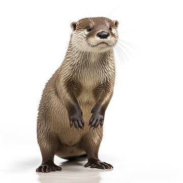 Curious otter stands upright on hind legs with its forepaws resting gently