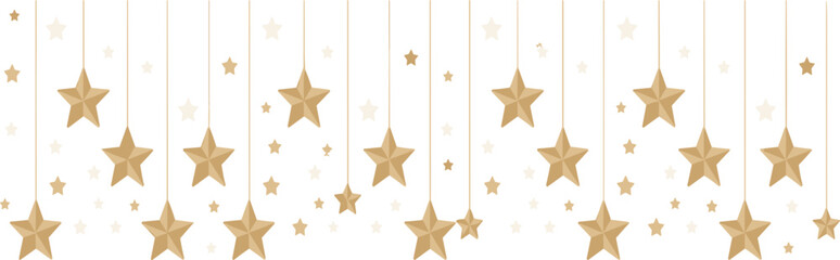 Obraz premium Elegant gold star garland vector border with hanging 3D stars and decorative sparkles for festive celebration
