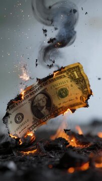 Disintegrating dollar bill into ash, inflation and currency devaluation concept, slow motion cinematic macro