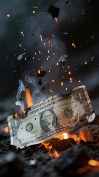 Disintegrating dollar bill into ash, inflation and currency devaluation concept, slow motion cinematic macro