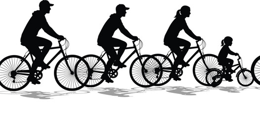 Obraz premium family cycling, bicycle silhouettes, outdoor activity, group ride, child bike, generational motion, black white, shadow cast, togetherness, sport icon