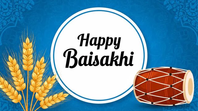 Happy Baisakhi Festival Greeting Card Background Wheat Dhol Drum Celebration