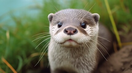 Curious river otter peers directly into the camera, displaying whiskers and glossy fur amid lush green plants behind