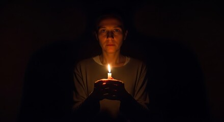 Woman holding candle in darkness.