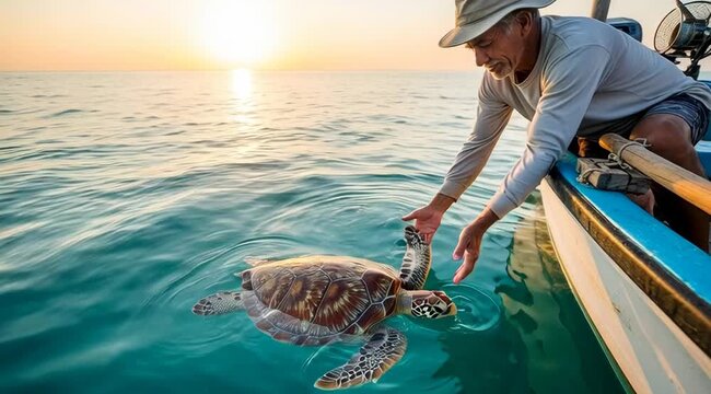 Man Releasing Sea Turtle Back into Ocean.