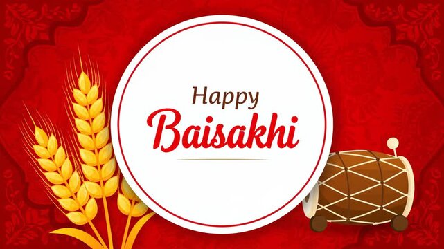 Happy Baisakhi Festival Animation Red Harvest Celebration Wheat Dhol