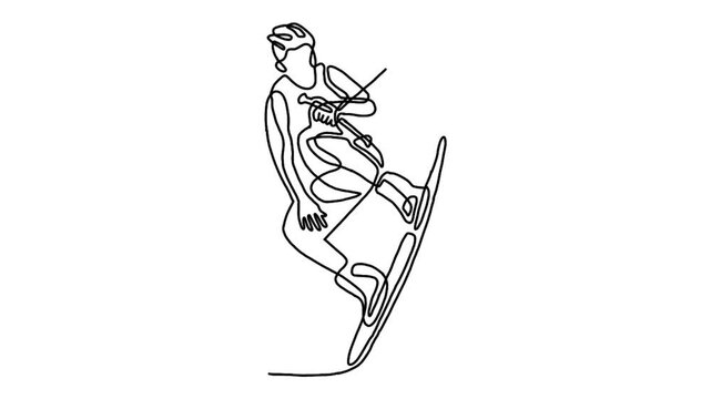 Continuous line animation of young man play wakeboarding in the sea beach