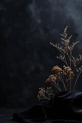 Minimalist branch of dried flowers against dark painted wall with elegant fabric drapes