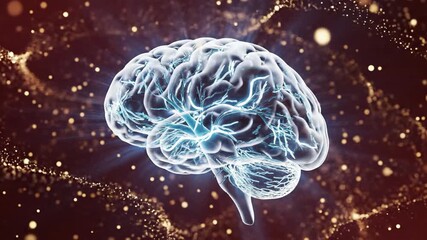 Digital representation of the human brain, glowing with light and surrounded by abstract particles, symbolizing intelligence, thought, and knowledge in a technological context