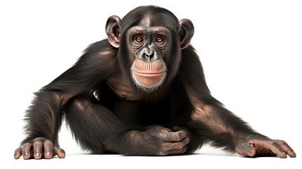Naklejka premium Curious Young Chimpanzee Resting on a White Studio Background with Outstretched Limbs