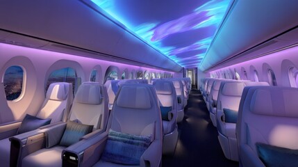 Fototapeta premium Modern Airplane Interior with LED Lighting and Comfortable Seats Perfect for Business and Luxury Travel Experiences