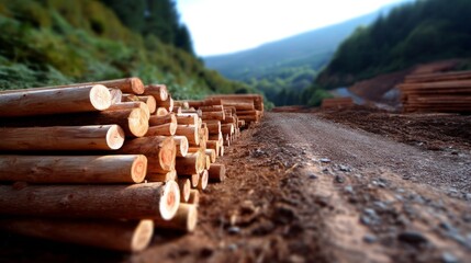 Pristine Stacked Harvested Logs Along Dirt Road in Natural Light - Hi-detail Timber Transport Scene