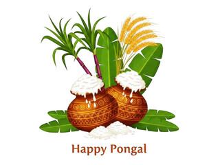 Pongal celebration elements with pots and plants isolated on transparent background