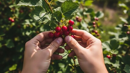 Hands Picking Ripe Red Berries from Bush.