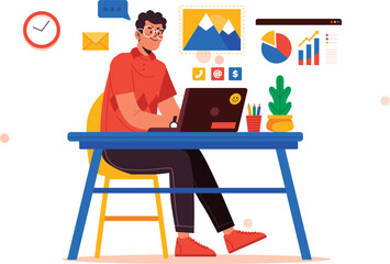 Data Analytics Work Illustration &ndash; Man Working on Laptop Office Desk