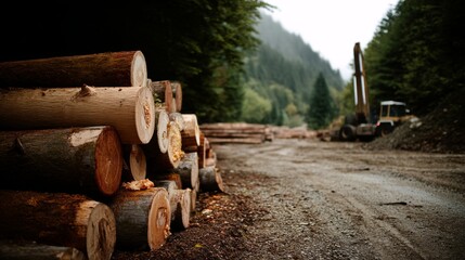 Organized Stack of Harvested Logs by Dirt Road - Forestry Industry Transportation Scene