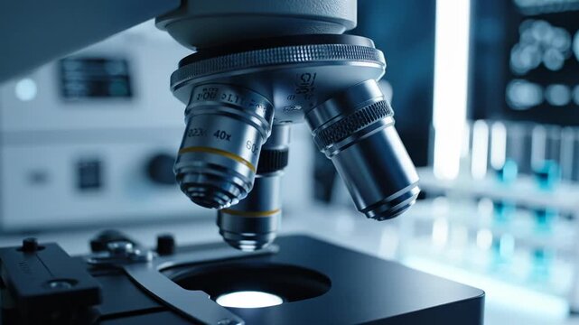Closeup of microscope lenses in laboratory setting with blurry background and scientific equipment